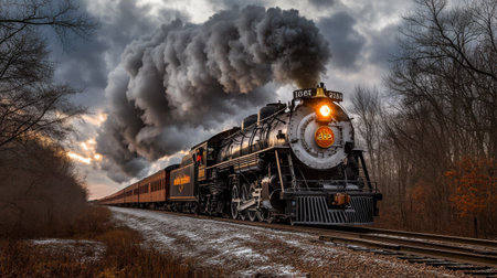 A dramatic shot of steam billowing out of a train locomotive, with the powerful engine and vintage design adding to the historical and industrial ambiance.の素材