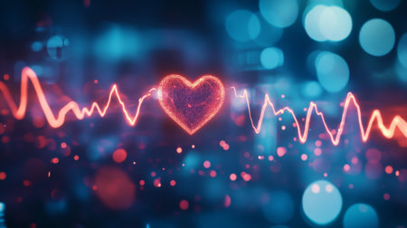 A dynamic heart waveform overlaid on a faint background of medical equipment, symbolizing the interplay between technology and human healthの素材