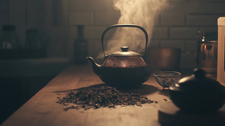 A kettle filled with herbal tea steeping on a wooden table, with loose tea leaves and a tea strainer beside it, creating a warm and inviting atmosphereの素材