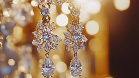 A detailed close-up of a diamond earring's intricate setting, highlighting the craftsmanship and brilliance of the diamonds against a blurred backgroundの素材