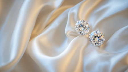 A luxurious display of diamond stud earrings set against a backdrop of soft satin fabric, highlighting the brilliance and timeless elegance of the jewelryの素材
