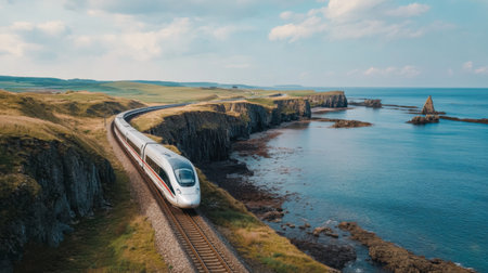 A high-speed train racing along a coastal route, with the ocean on one side and cliffs on the other, showcasing stunning natural beauty and speedの素材