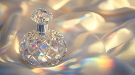 A delicate crystal perfume bottle with a faceted design, reflecting light and colors, placed against a soft silk background for an elegant touchの素材