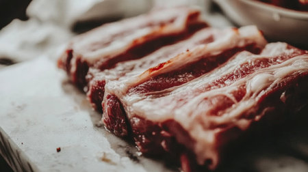 A dramatic image of fresh pork belly on a marble countertop, highlighting the layers of fat and meat, evoking thoughts of delicious cooking possibilitiesの素材
