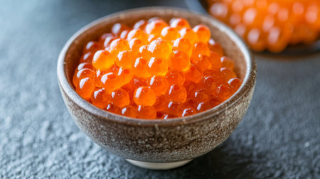 A detailed shot of salmon roe ikura in a small bowl, with the bright orange pearls glistening, emphasizing the luxurious and flavorful aspect of the ingredient.の素材