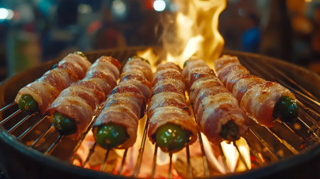 A mouthwatering image of bacon-wrapped jalapeo poppers on a grilling rack, sizzling over an open flame, highlighting their deliciousness and smoky aromaの素材