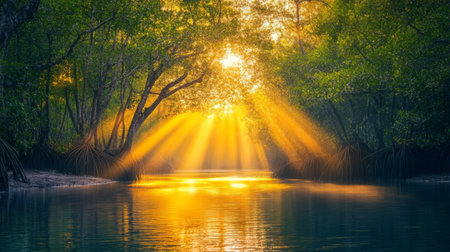 A picturesque mangrove landscape during sunset, with golden rays illuminating the trees and water, creating a tranquil and magical atmosphereの素材