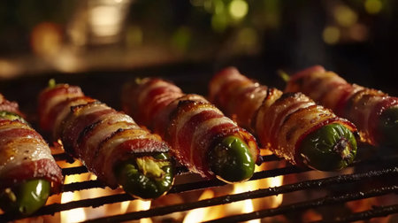 A mouthwatering image of bacon-wrapped jalapeo poppers on a grilling rack, sizzling over an open flame, highlighting their deliciousness and smoky aromaの素材