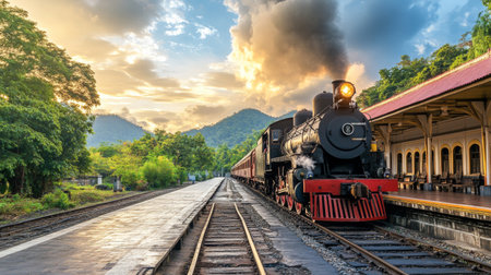 A picturesque train station with a vintage steam locomotive waiting on the tracks, surrounded by lush landscapes and historical architectureの素材