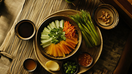 A top-down shot of  served with a side of fresh vegetables and dipping sauces, emphasizing the delicious variety of flavors and textures in a traditional Thai meal.の素材