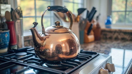 A shiny copper kettle on a stovetop, reflecting warm light from nearby windows, set against a backdrop of colorful kitchen utensilsの素材