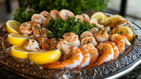 A striking composition of fresh seafood on ice, including shrimp, scallops, and fish fillets, beautifully arranged with lemon slices and fresh herbsの素材