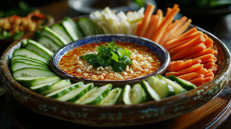 A traditional Thai dish featuring a bowl of  served with an assortment of fresh vegetables, such as cucumber, carrots, and green beans, ready for dipping.の素材