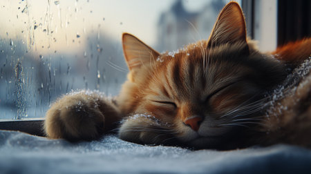 Close-up of a fat cat peacefully sleeping on a windowsill, with its fur catching the soft morning light and tiny whiskers twitchingの素材
