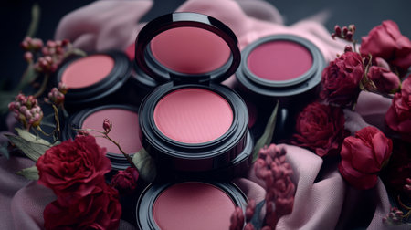 A stylish arrangement of compact blushes in various shades, with a backdrop of soft fabrics and flowers, emphasizing the beauty of feminine makeupの素材