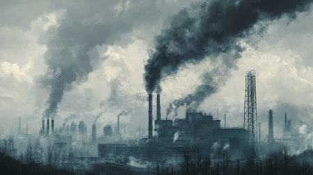 Close-up of smoke billowing from a factory chimney, with industrial structures in the background, symbolizing pollution and environmental concerns.の素材