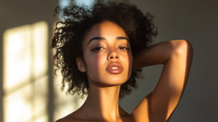 A woman with radiant, glowing skin and soft, natural makeup, standing in a sunlit room, her beauty accentuated by the gentle light and minimalistic background.の素材