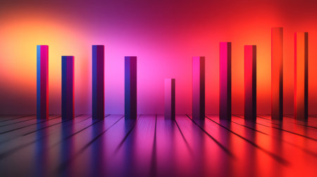 Bright gradient D bars rising from a digital floor with soft reflections, creating a futuristic data display on a neutral backdropの素材