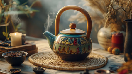 Close-up of a colorful ceramic kettle with a wooden handle, surrounded by various loose teas and a warm, inviting atmosphereの素材