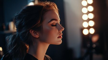 A woman sitting in a makeup chair in a professional studio, with lights illuminating her face as she undergoes a transformation, showcasing the expertise of the makeup artist.の素材