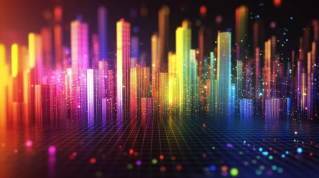 Colorful D bars rising from a digital grid floor, with subtle lighting and a gradient background to create a dynamic visualの素材