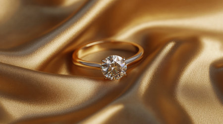 A sparkling diamond ring sitting on a luxurious gold fabric, with soft lighting highlighting the intricate details of the ringの素材