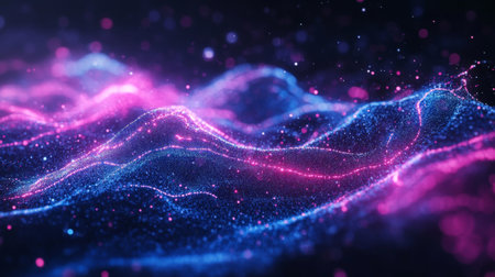 Dynamic data wave in vibrant neon colors, representing digital information flow on a black background for a futuristic, tech-inspired lookの素材