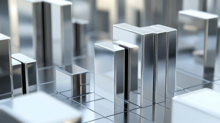 Group of metallic D bars of varying heights on a digital grid, with shadows adding depth against a light backgroundの素材