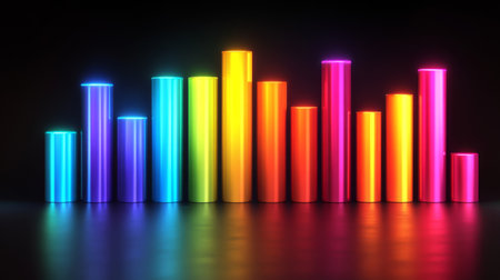 Modern D bar chart with neon-colored bars and gradient lighting, set against a dark background for a futuristic lookの素材