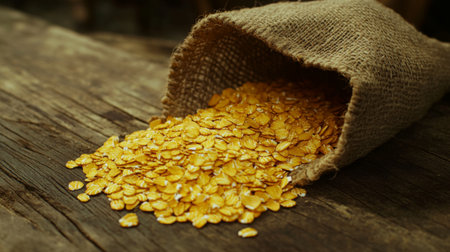 Golden oats spilling from a burlap sack onto a wooden table, capturing a rustic and natural look ideal for organic food themesの素材