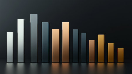 Metallic D bar graph with gold, silver, and bronze bars, arranged in a staggered pattern for a premium, high-tech appearanceの素材
