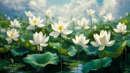 White lotus blossoms glowing in morning light, with their petals delicately layered above the green leaves on calm pond waterの素材