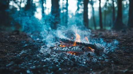 Smoke swirling around a burnt-out campfire in a dark forest clearing, with ashes and glowing embers visible, evoking a sense of solitude and wilderness.の素材