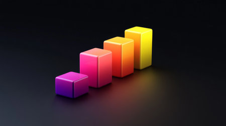 Modern D bar chart with neon-colored bars and gradient lighting, set against a dark background for a futuristic lookの素材