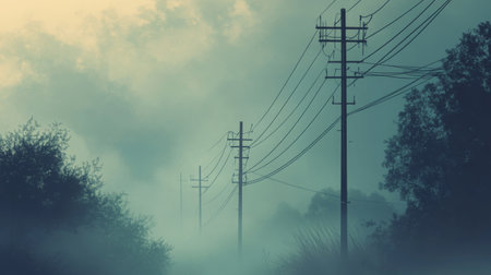 Power lines cutting through a dense fog, with the wires barely visible as they fade into the mist, creating a mysterious and almost ethereal landscape.の素材