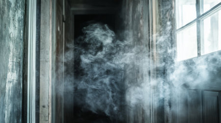 Smoke seeping through the cracks of an old, abandoned house, creating an eerie, haunted atmosphere, perfect for a horror or mystery theme.の素材
