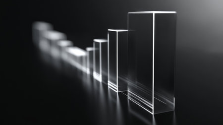 Transparent D bar graph with glowing edges, set against a dark background for a modern, tech-inspired lookの素材