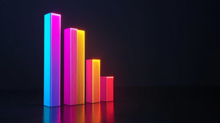 Modern D bar chart with neon-colored bars and gradient lighting, set against a dark background for a futuristic lookの素材