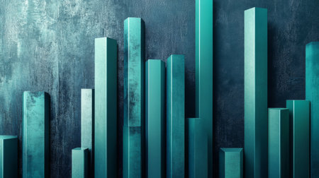 Tall, glossy D bars in various shades of blue and green, arranged in an upward trend on a dark, textured backgroundの素材