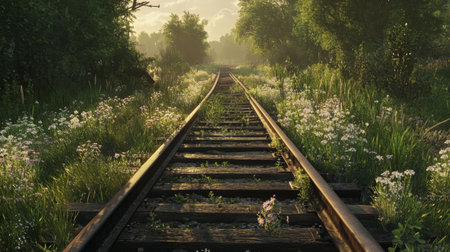 An abandoned, overgrown railway track in a rural setting, with weeds and wildflowers growing between the rails, evoking a sense of nostalgia and forgotten journeys.の素材