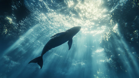 An underwater shot of a whale swimming gracefully through the clear blue ocean, with sunlight filtering through the water and illuminating its massive body.の素材