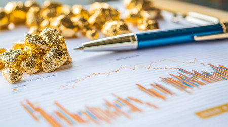 A close-up of a printed report featuring a gold price chart with data points and trend lines, placed on a desk with a pen and notebook for detailed review.の素材