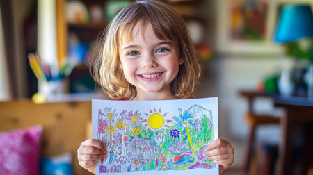 A cheerful child proudly holding up a completed coloring page with bright, colorful drawings, showcasing their artistic achievements.の素材