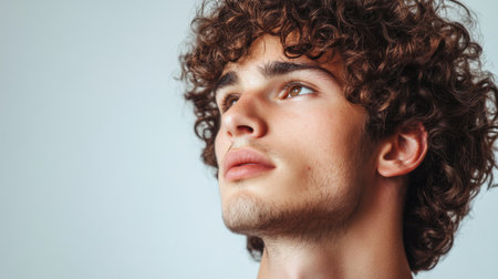 A close-up of a man with a curly hairstyle, emphasizing the natural texture and volume of his hair, set against a simple background for a clean look.の素材
