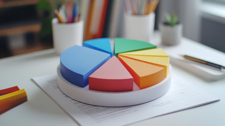 A close-up of a financial pie chart on a printed report, with distinct color segments representing different financial categories, placed on a clean white desk.の素材