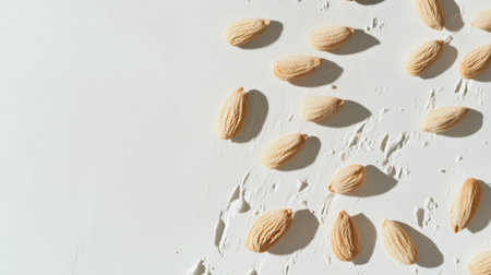 A close-up of raw almonds scattered on a white background, showcasing their natural texture and shape in a clean, minimalist setting.の素材