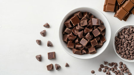 A bowl of chocolate chips and chunks on a white countertop, ready for baking or snacking, showcasing their versatile use in various recipes.の素材