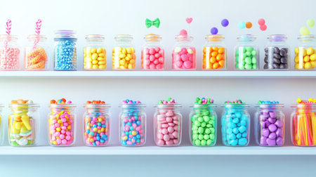 A cheerful candy shop scene with jars filled with colorful sweets, including jelly beans, mints, and lollipops, displayed on shelves against a white background.の素材