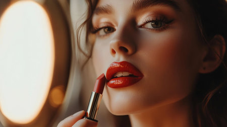 A close-up of a woman applying lipstick in front of a mirror, showcasing her elegant makeup and glowing skin with soft, natural lighting.の素材