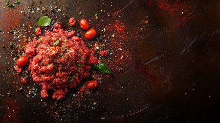 An inviting overhead view of fresh ground meat surrounded by seasonings, ready for making burgers or meatballs, creating a sense of culinary creativityの素材